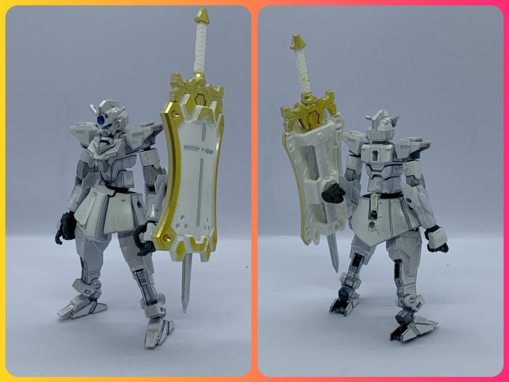 コアガンダムコルージョン。腰はHGUCザク。こちらは騎士がモチーフ。色は初パール塗装でホワイトパールとシャインシルバー、ホワイトゴールド差し色にコスモメタブルー。剣と盾はプラアクトアンブロシウスから。