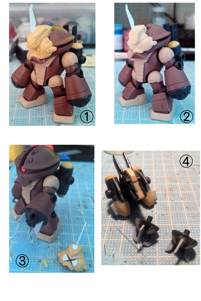①エポパテを盛る→②削る→③プラ板でディテール追加、ゴーグルの真ん中貫通させる④装備類。爪はプラ板、穴はパテで埋める。バックパックは、ブースターベッドにエポパテで形状変更、ビルダーズパーツのスラスターとプラ板で作成。