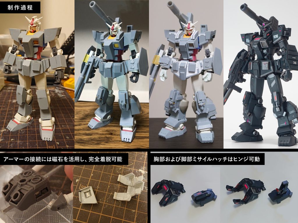 装甲はプラ板の箱組をベースにフォルムを作っていき、ディテール足していきました。ロケット砲の弾倉はバズーカのものを、2連装ビーム・ガンの持ち手のあたりはビームライフルからパーツを流用したくらいで、基本はプラ板の塊です。一番時間かかったのはアーマーの接続と構造部分でしたね…今年になってHGでついに本家が発売しましたが、自分なりのアレンジで一品ものができたので満足です!