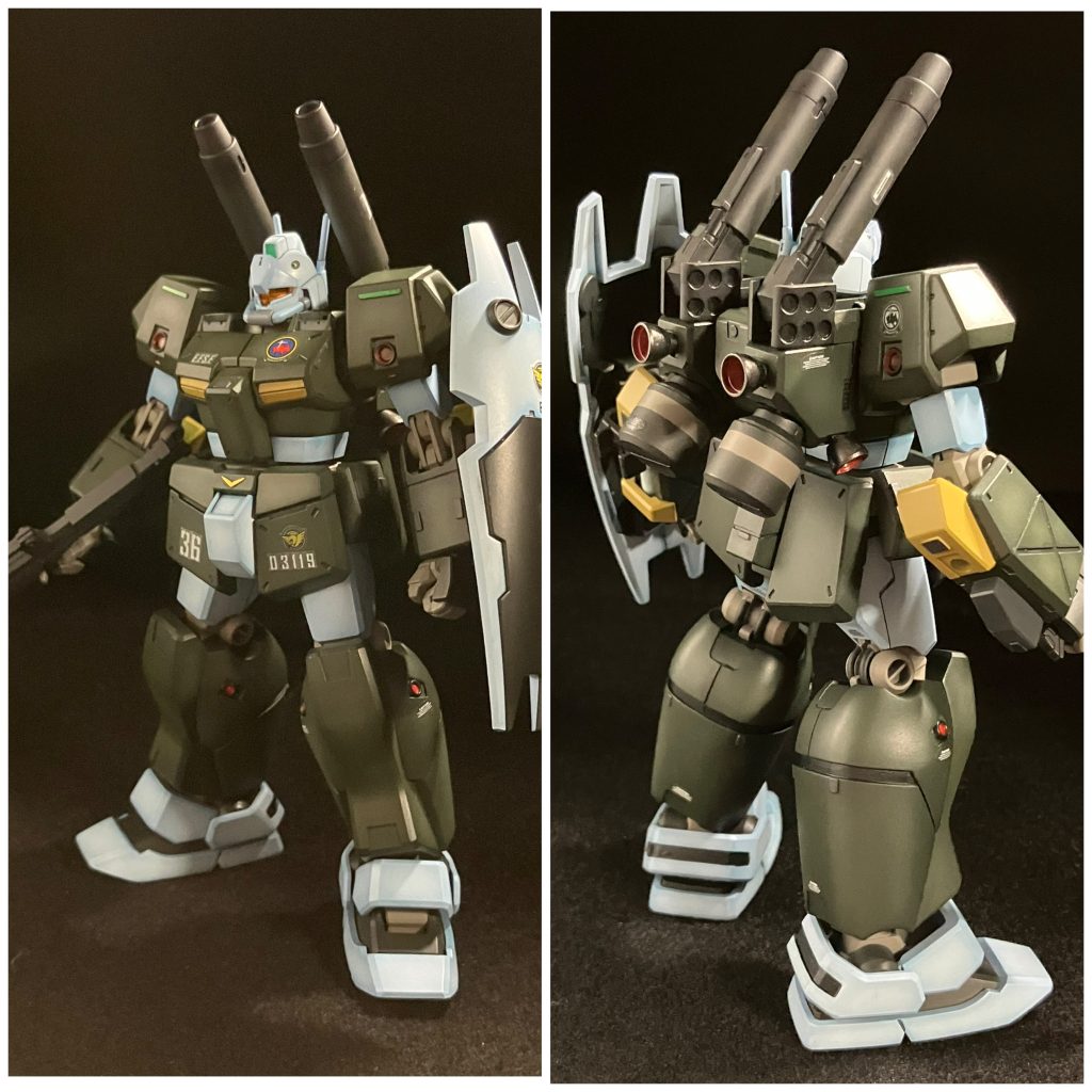 写真ではグラデーションは分かりづらいですね。ジムカスタムに追加装甲を施した感じにしたかったので股間の一部アーマーは本体色に変えています。また、肘アーマーとサーベルラックはアクセントでクリームイエローにしています。