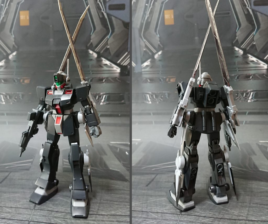 “夜の姿”ことジム・スレイヤーで前後ろ。使わなかった側のパーツに大胆な穴開け・接着により、MSソード01を装備。近接格闘主体に仕上げました。