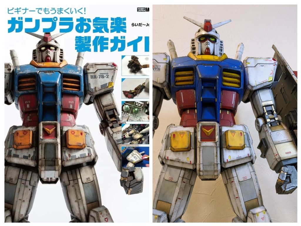 はい、2ショット!ツール類はなるべく同じものを使い、難しいところは最新のHJ誌の記事も参考にしつつ制作。全然コピーできてないうえ、撮影の仕方やライティングが全然違いますね🤣ちなみに一番くじなのでデカールが付属していません…知らなかった🥲仕方ないので市販品でそれっぽく。HiQパーツさんのRB02と、余ったV2アサルトバスターのデカールを使いました。