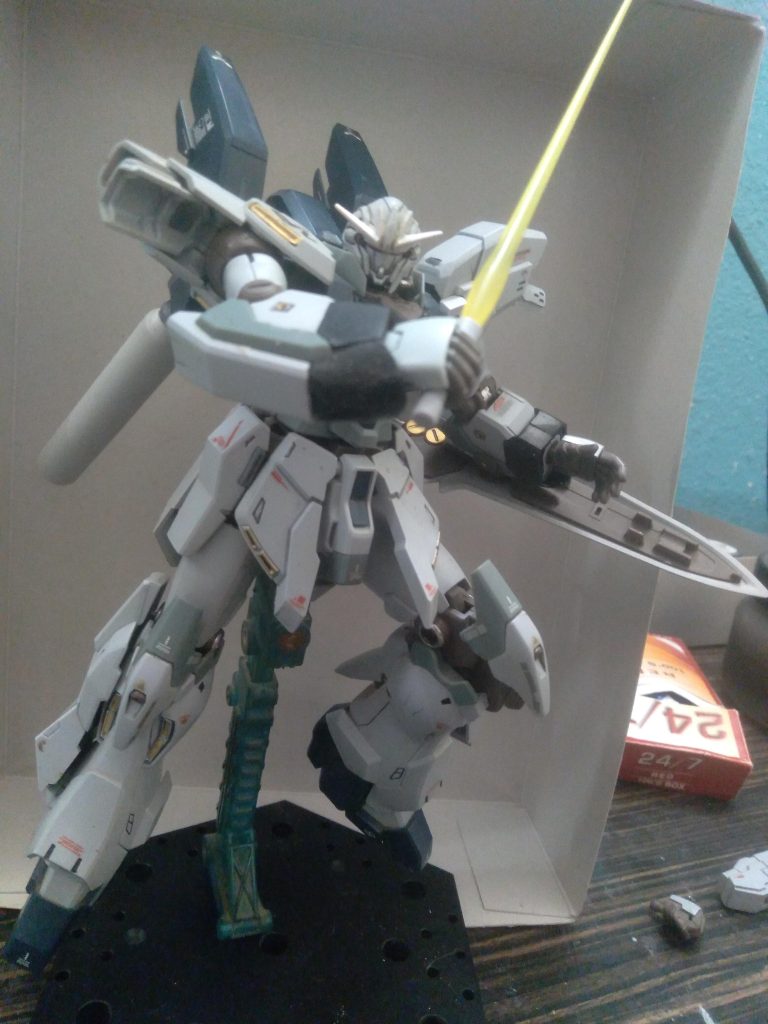 With the beam saber drawn, ready for an attack 