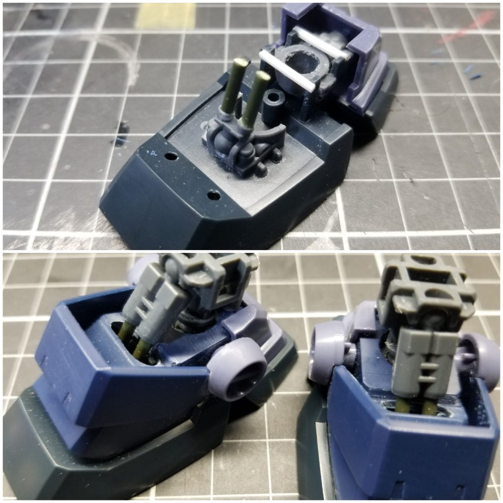 脚部のシリンダーはキットのものは塗装するとキチキチで塗装剥げが起きるので、切り飛ばして細めのランナーにて新造し、シリンダー基部と接続する為、パーツを開口して取り付けました。