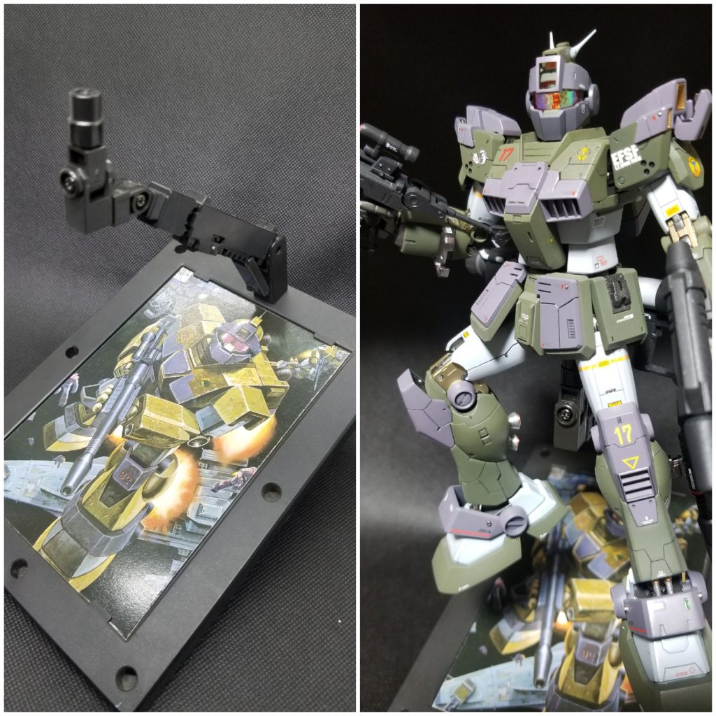 実は旧キットの箱が残ってまして、このイラストが昔から好きで何か使えないかなと考えた結果、背景を差し込むタイプのアクションベースに使えないかなと。もちろんサイズが違うので入る大きさにトリミングして入れてみたら、お?!なかなかいぃんでない?と自己満です(笑)