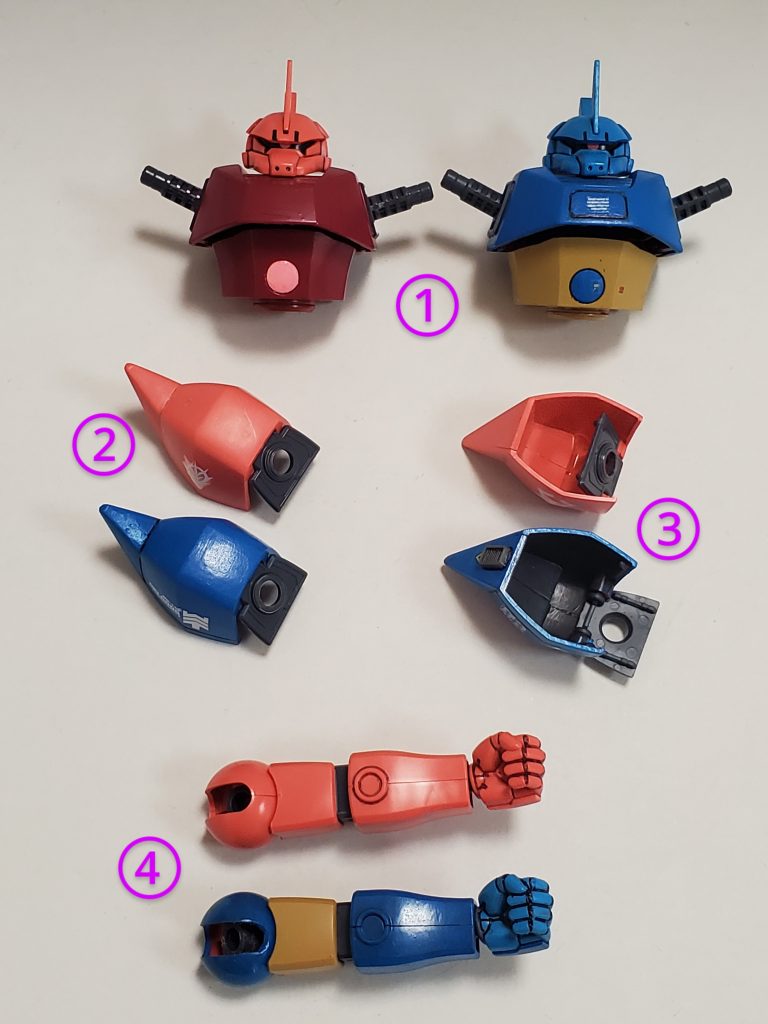 今回の改修パーツたち❗ノーマルに組んだシャア専用ゲルググとの比較~😊🎶①胸部と胴体を繋ぐパーツにプラ板を挟み込み、僅かに延長❕これにより丸コクピットがちゃんと出るようになります🎵(以前投稿のガトーゲルググでもしております)②腕軸が入る丸い部分の厚みを削り胴体との密着度を🆙正面から見て、間の隙間をなくしました🎵③肩アーマーの可動部分が内側に入ったりしてしまうのでランナーを削りだし、内側に入らないようにストッパーとして接着~👊✨④肩アーマーが上に上がった時に腕が真っ直ぐ下にいくように、脇下の部分を削り込んで可動域を広げてます🎵