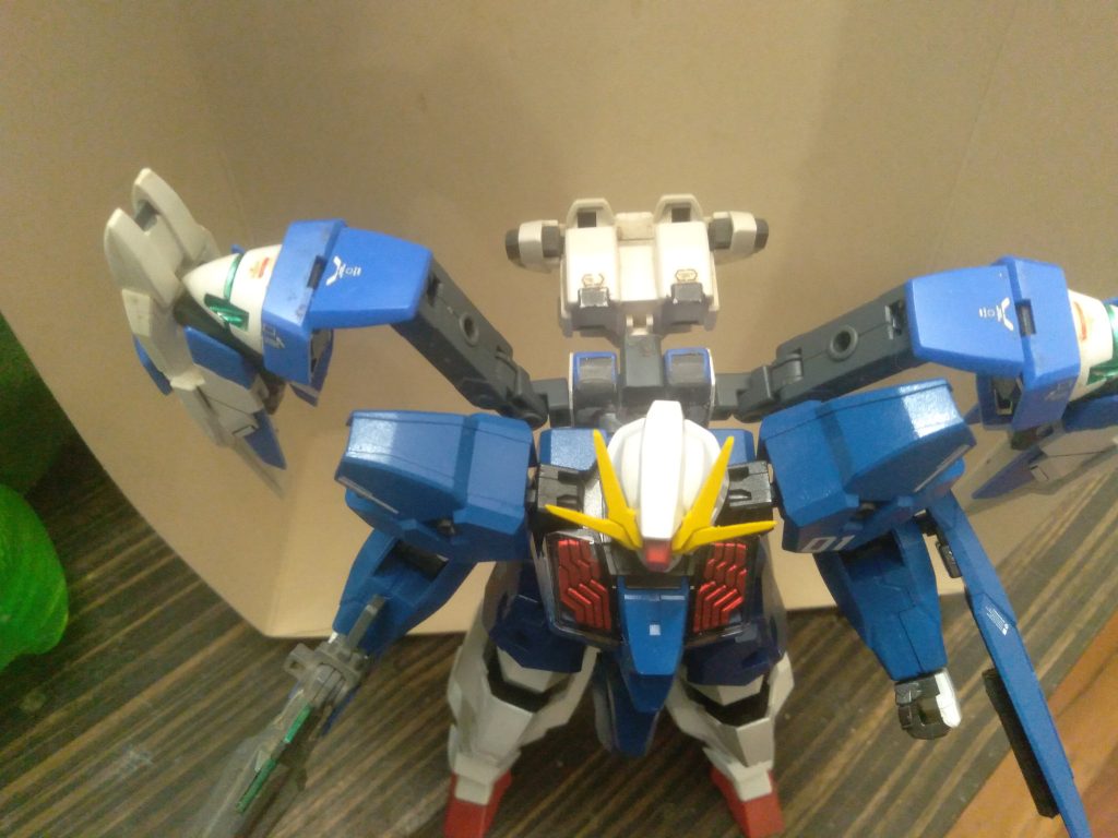 The original arms for the backpack were not long enough so I used some gunpla battle arms parts to make it work. The parts hold on fine and don't fall down due to the weight. The Lfrith Ur is a sturdy kit as it is.