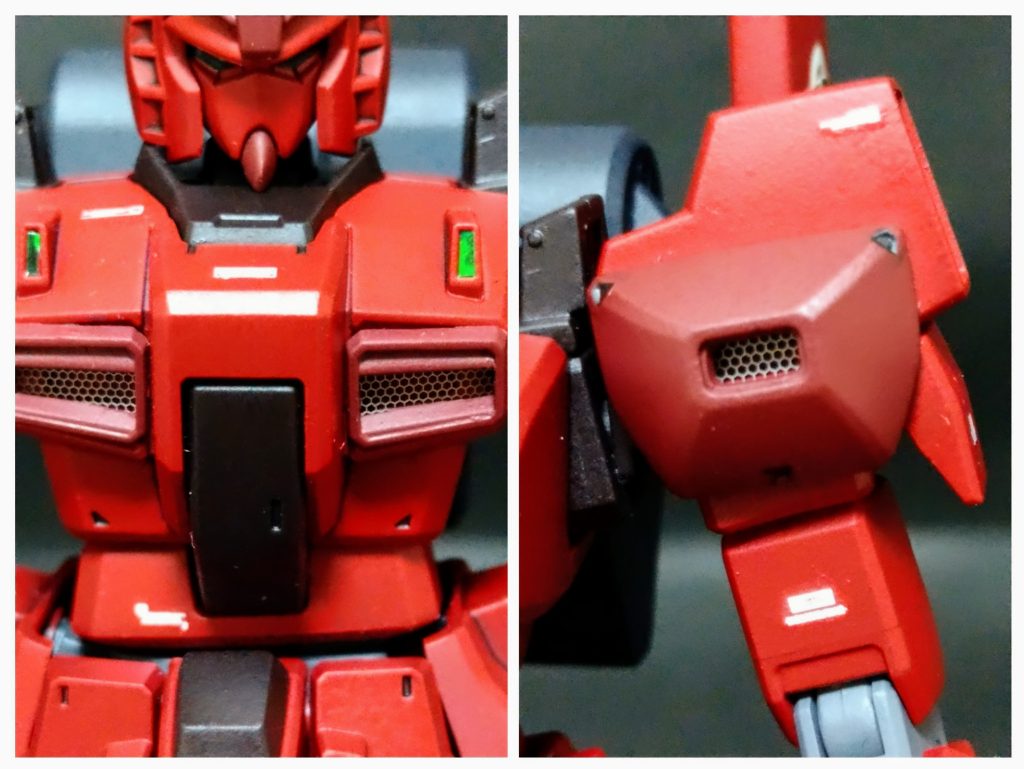 今回のお気に入りポイント、胸と肩アーマー内部にハセガワのメッシュシートを使用しました。また頭部のみ旧版のMk-Ⅱで「への字」をパテ埋めし、口をとがらせてみました。