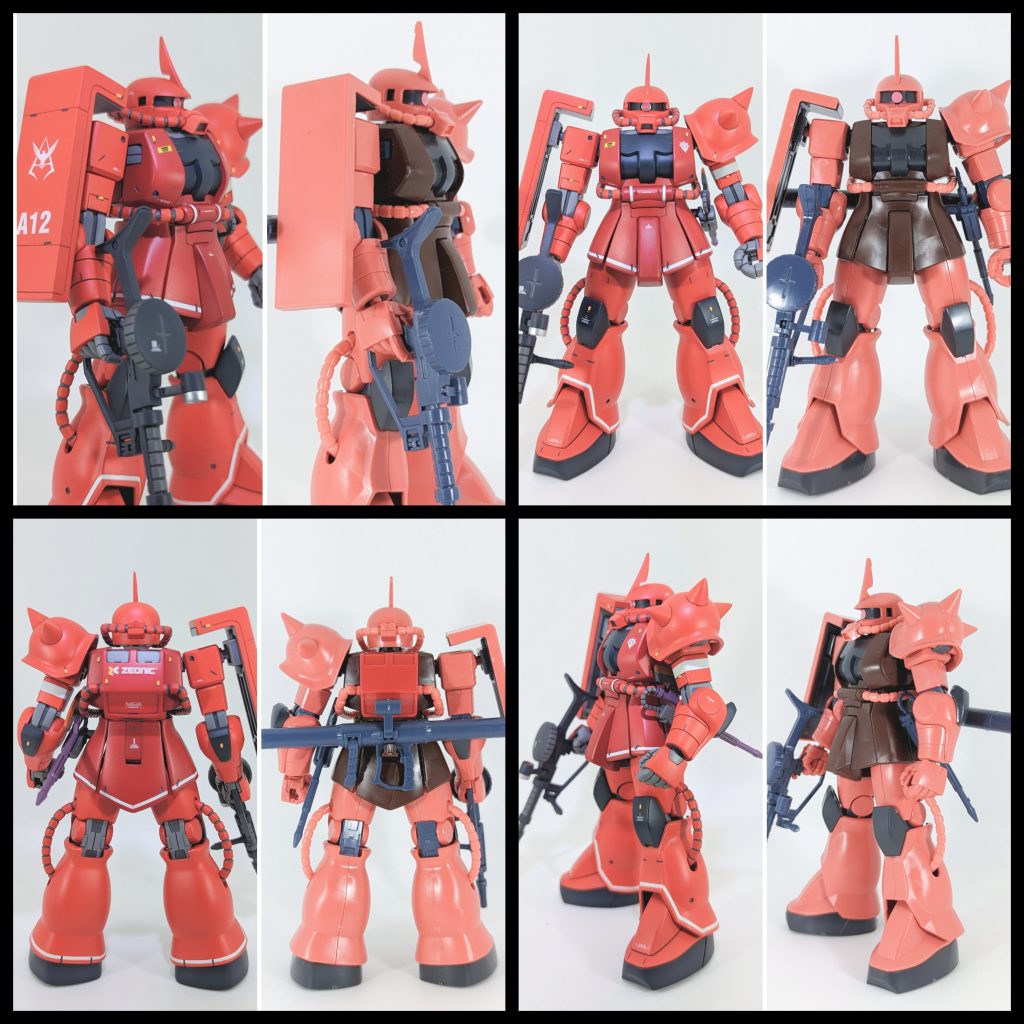 素組みと比較改修箇所は頭部のモノアイレールを詰めて目つき鋭く、シールドを厚く、手首□→○へ整形、各所スジ彫り追加、各所イエローチップ貼りくらいシンプルに仕上げるイメージで制作しました。