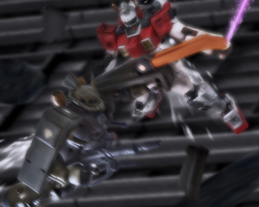 「無茶をしないでっ!」無線の声にネイマンはふと我に返る。「1人じゃないんだ!僕にも頼って!」そうだ。これは機動テストや訓練のシングルコンバットじゃないんだ。敵はジムに集中し索敵に廻っていたレイドのガンキャノンに気づいていない。それに敵は手練れだ。格闘戦で競り合ったら負ける。その間、僅か数秒にそう判断するとサーベルで受けず回避を選んだ。