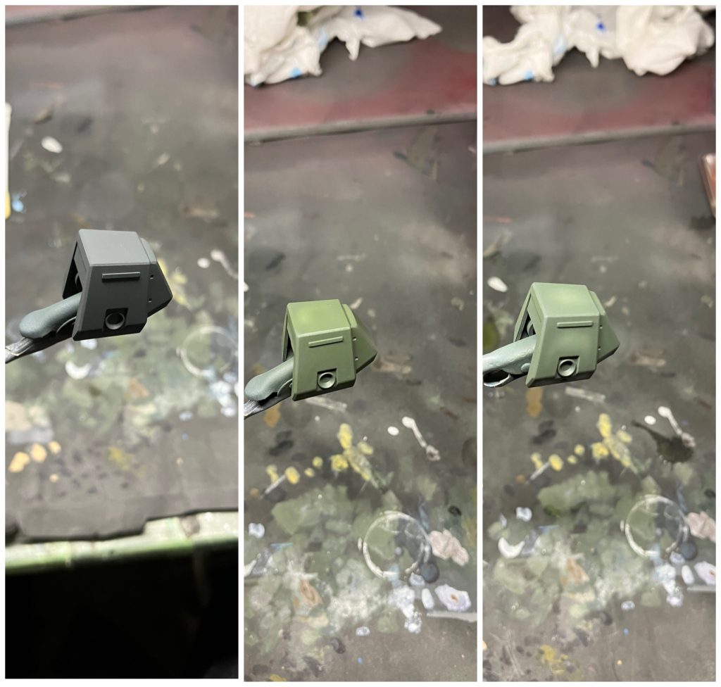 装甲のグラデーションですが、タミヤのダークグリーンにシーブルーを混ぜた結構青寄りの暗い緑上にフィールドグレイを塗っています。ただあまり変化がみらっれなかったのでその上から濃緑色(自衛隊)をハイライトとして吹いています。こんな感じでございました。御観覧ありがとうございました。