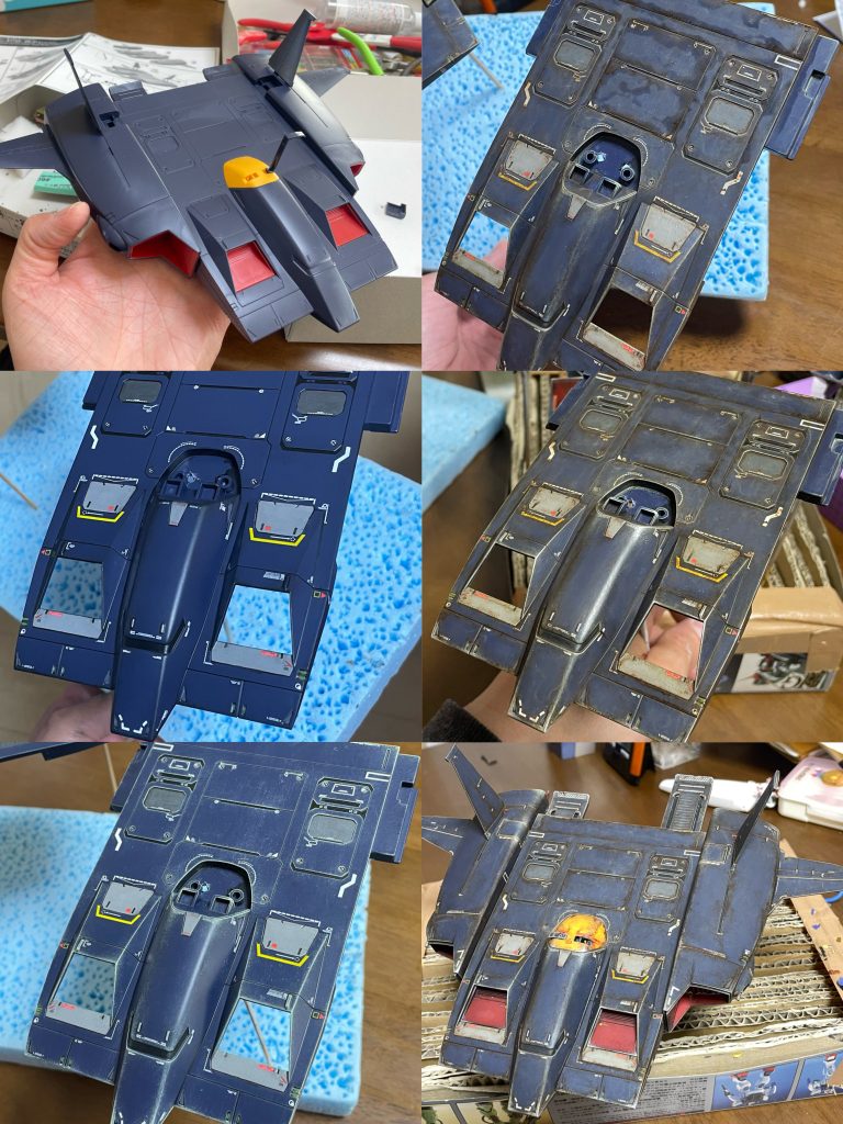 合わせ目消し、部分塗装、墨入れ、デカール、黒でドライブラシ、灰色でドライブラシ、黄でドライブラシ、黄でウォッシング、油彩のバーントアンバーでウォッシング、油彩でストレーキング描き込み、黄でドライブラシ、銀でドライブラシという工程です。成型仕上げです。