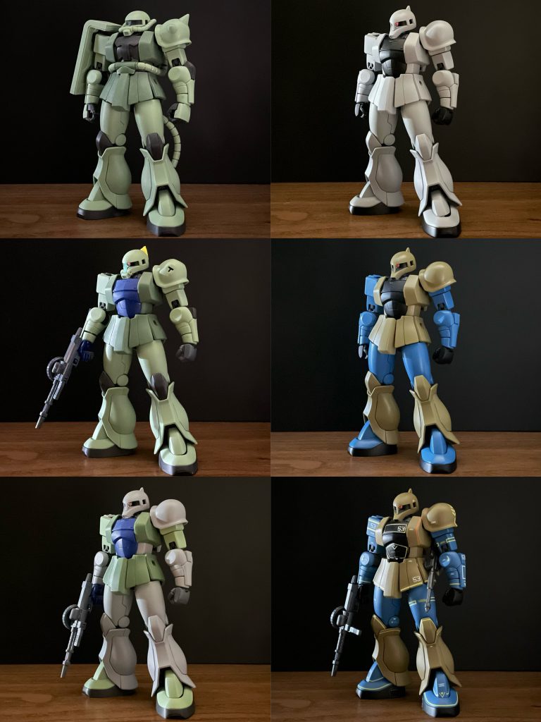 胸、鼻スジ、ちょんまげ、ザクマシンガンはHG旧ザクから移植しました。改修箇所はショルダーアーマーのスパイク除去と穴埋め、動力パイプの穴埋め、腰の動力パイプ受けの除去、ウエストの幅増し、鼻スジの整形、肘パーツの小型化、バックパックの形状とバーニア変更など。