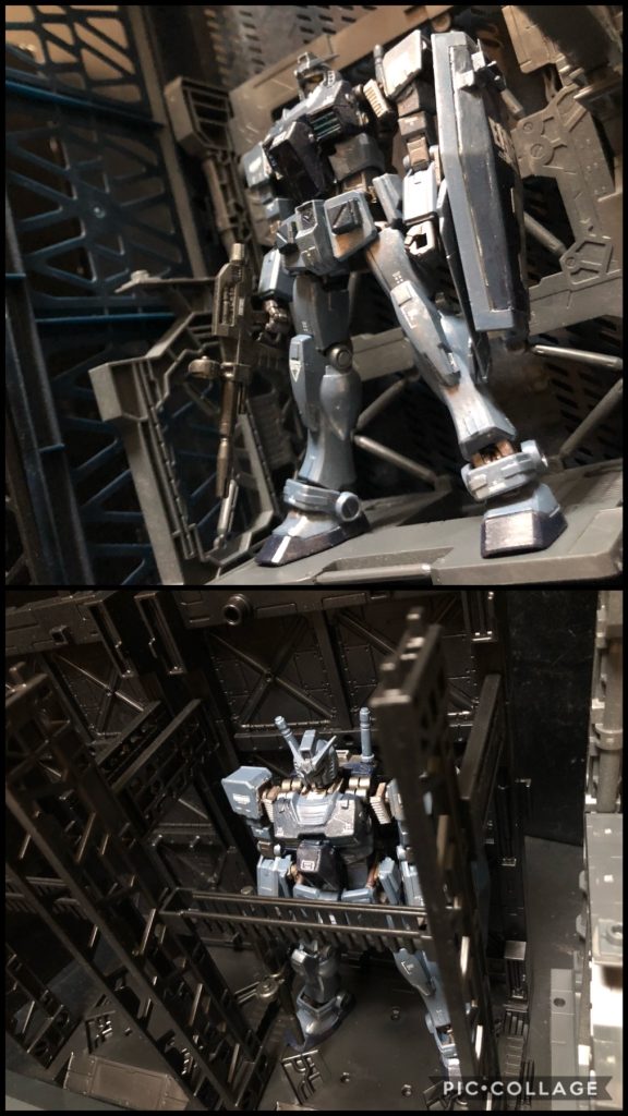 ファクトリー内の写真は映えますねー。では、可変機構の説明を致しましょう。まず、MS形態から。スタイルをシュッとする為あえてコアブロックは露出。ZZと同じです。もしくは無印1/100ガンダムと一緒。MS形態では、背中に軸があってAパーツとBパーツを接続してます。ただ残念ながら、腰の回転はできないですー。コアブロック方式の難点ですね。