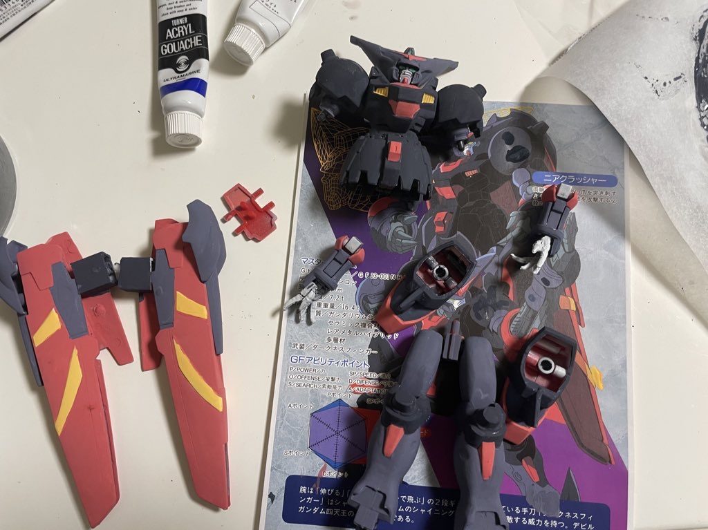 塗装中、アクリルガッシュ筆塗りで色分けしています。