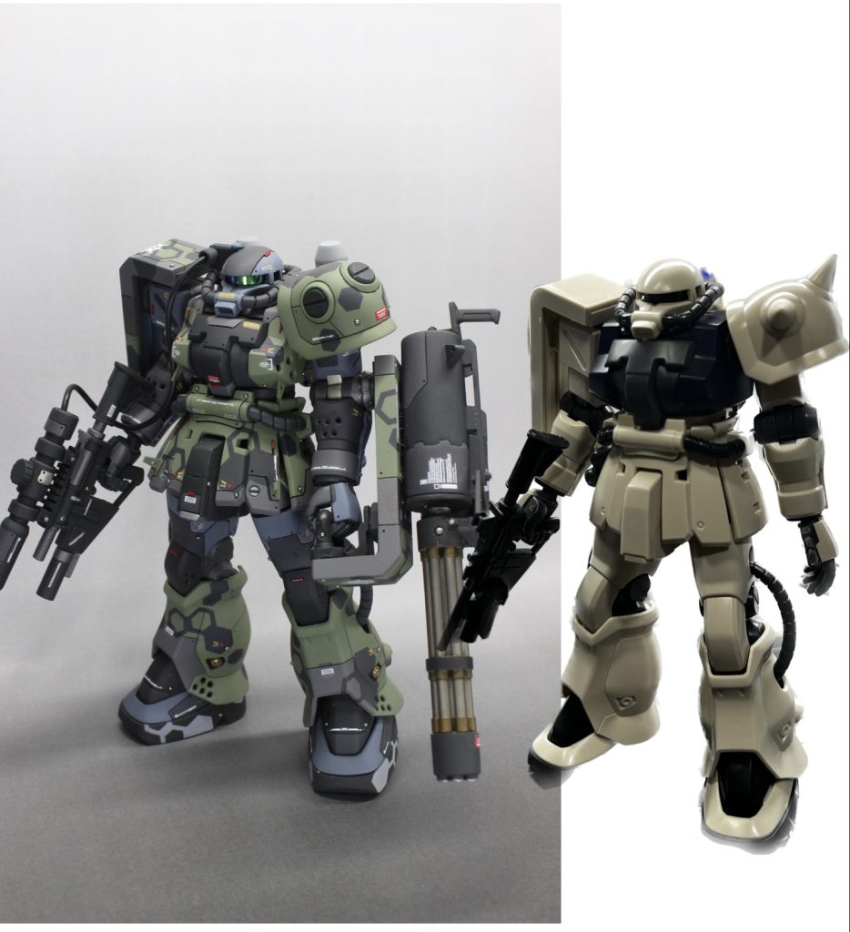 言わなきゃわからないシリーズ①仮組みとの比較画像です。F2ザクはもともとかっこいいキットなんですが、先人の方たちの記事が豊富で、そちらを勉強して今回は腰、膝で改修を行い腰の入った姿勢(S字立ちでいいんですかね?)になるようにし、アゴをひく加工は頭部底面をポリキャップがはまるところを削り込み、胴体に首が少しだけめり込むようにしました。