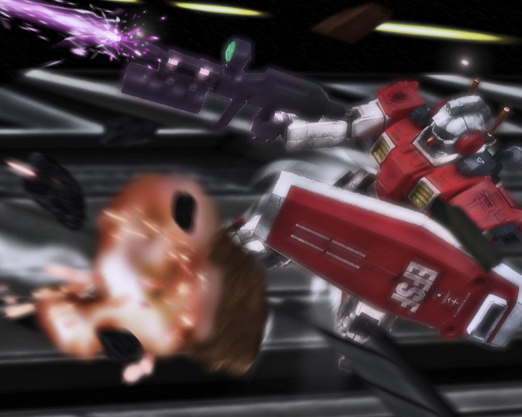 このジムの装甲はRXシリーズと同じルナ・チタニウムであり損傷は軽微だが被弾した焦りからネイマンは咄嗟にバーニアを吹かし距離を取る。そのまま続けてビームライフルを打つとザクは回避し散開した。 「モビルスーツがビームだとっ⁉」シュタイナー機の直ぐ側をメガ粒子砲が横切る。連邦に先駆けてモビルスーツを戦場に投入したジオン公国だがMSが携帯できるビーム兵器はまだ開発途中であり、それを連邦軍が実戦に投入できているのは脅威でしかない。コロニー内部よりこの機体のデータの方が優先と判断したシュタイナーは戦闘を継続する。「ミーシャ、相手は高火力ビーム兵器を持っているが焦っているな」「射撃に迷いがありましたね」「120ミリも何発か当たったがほとんど損傷がない。モビルスーツの性能は確かだが乗っている奴はどうやら素人だ。お前のバズーカで決めろ!一気に叩く!」「了解」