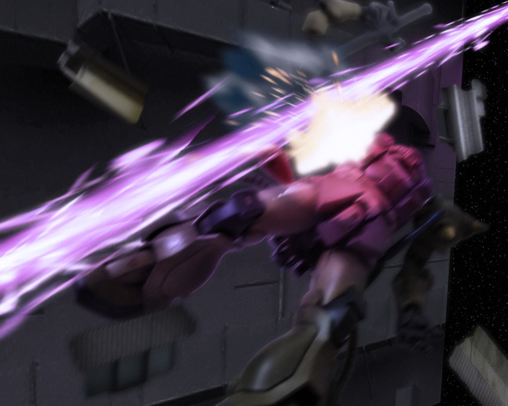 アンディが声を張った瞬間、既にガルシアの機体は後方へ吹き飛んでいた。「チィっ！ビームだとっ！」更に声を荒げるとメガ粒子の帯と右腕を持っていかれ爆発したガルシア機が港内を照らす。戦艦か砲台でもあるのかとアンディは発射された方向に120mmマシンガンの銃口を向けた。だがそこにいたのは想像していたものとは違った。