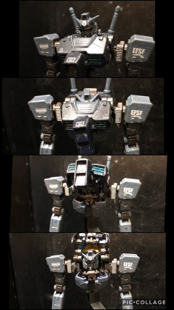 胸部を跳ね上げ腕を収納して準備完了。クリアランス確保の為、腕を外側に引っ張ってスペースを開ける必要があるよ。コレでAパーツは準備完了です。