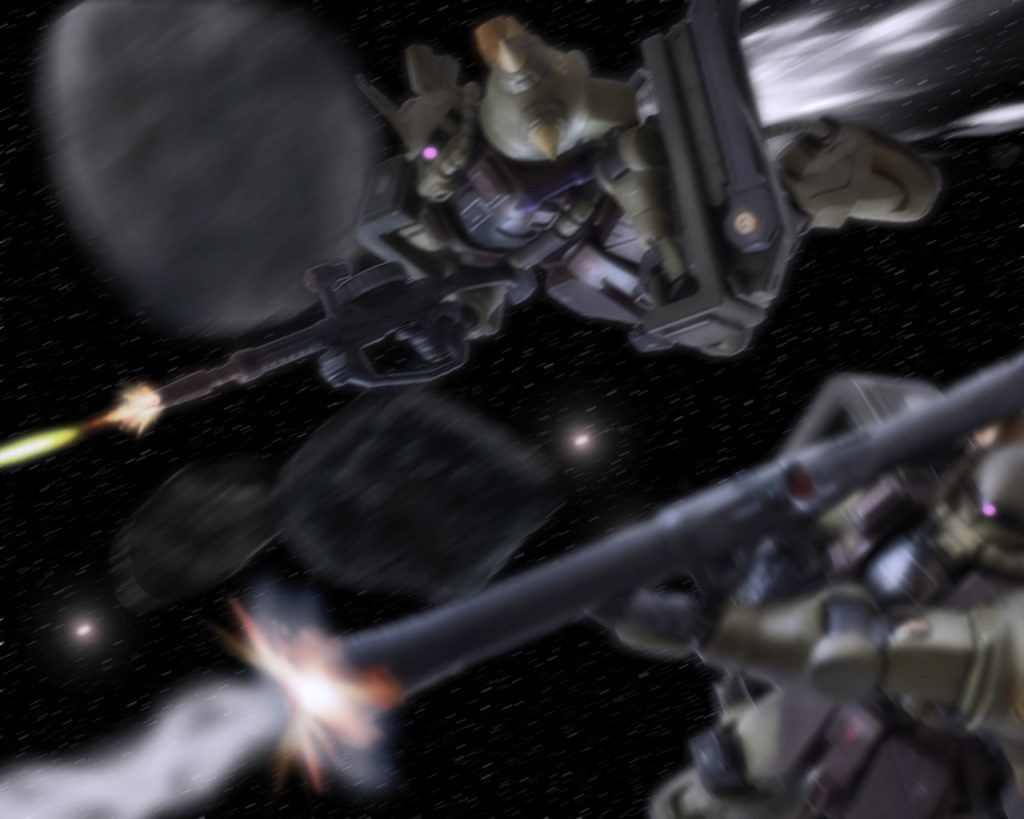 「速い!!」シュミレーションとは違う機動に動揺を隠せなかった。更にザクは遠距離にも関わらず発砲する。当てるつもりはないのだろうが、動きを止めた仲間を助ける為に威嚇射撃をしたのだ。「この射程ならこっちが!」狙いを接近する2機に切り換えるが照準が合わない。急遽の出撃で機体調整の甘さが出てしまったのだろう。ロックオンできず、もたついていると敵との距離がみるみる縮まる。相手も相当な手練れだ。不規則な回避運動をしつつ射撃を熟している。すると敵の弾が数発自機に当たった。