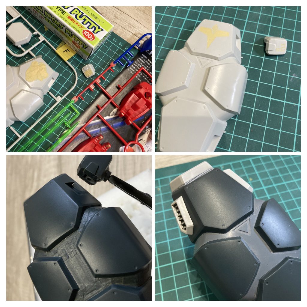 肩のナンバリングとシールドの紋章のようなモールドが設定的に、そしてデカールのプラン上邪魔だったのでパテ埋めでフラットに。エポパテの工作は2回目でしたが満足のいく仕上がりになりました。