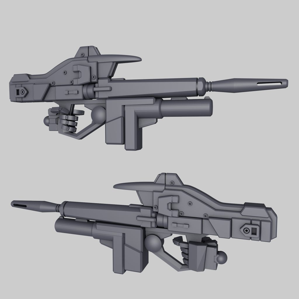 新造したビームライフルの3DCGレンダリング画像、左手ごとモデリングし3Dプリンターで出力しました