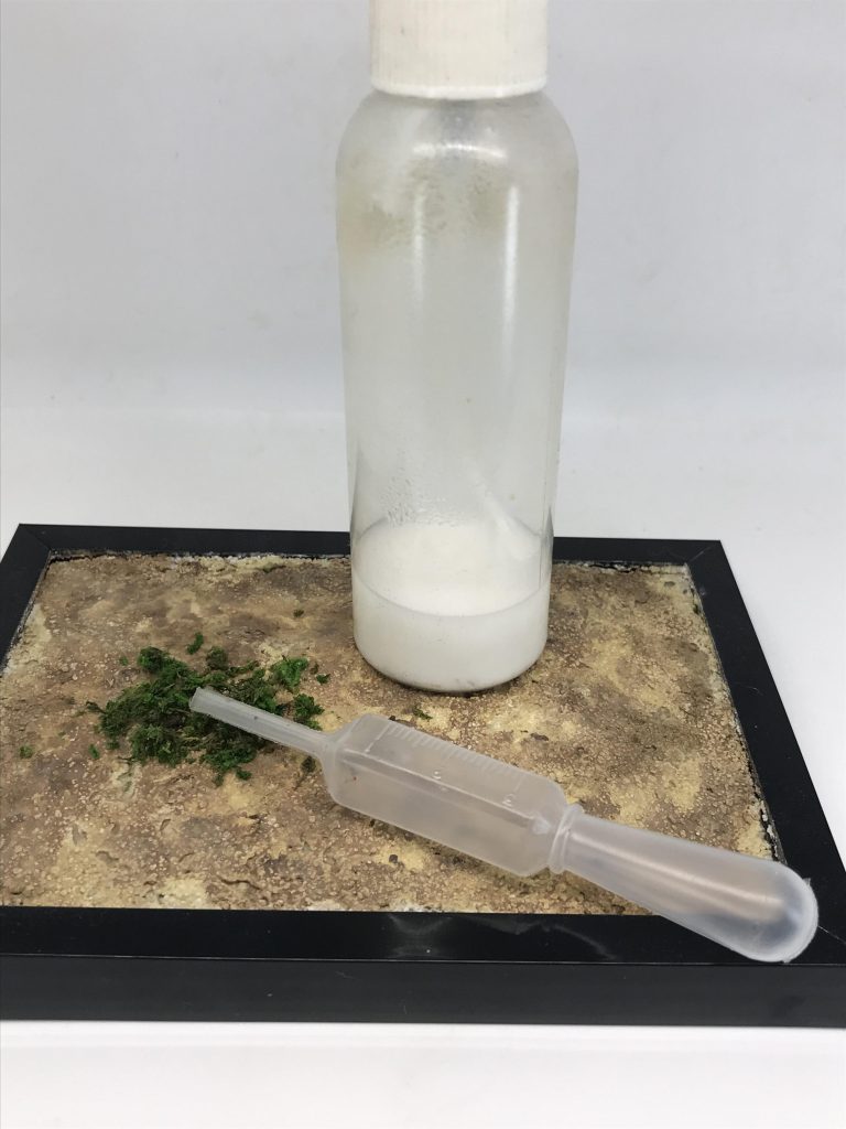 これを細かく刻み、ふりかけのように草を生やしたい場所にふりかけて下さいそれをボンド水(100均の木工ボンドと水を混ぜたもの)をスポイトで垂らし乾燥すれば刻んだモスを固定できます