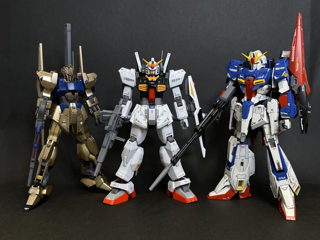 今手元にあるGUNDAMチーム?ΖはRG百式は…若干カラチェンしてますこの並びは尊い笑Zは、HGでもう一度作成したいです。RGは作り辛いばかりで、僕的には完成度も微妙なので、好きなように改修しやすいHGでやりたいです(きっといつかですが…)