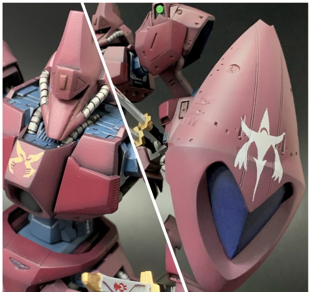 胸部の一見ジオンぽいけど実は違うマークや、シールドのハンブラビぽいマークは市販のデカールには無いので、マスキングテープを切り出して自作しました。