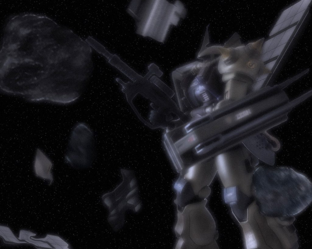 「中心部に侵入できそうか?」シュタイナーはコロニー内部へ偵察に向かうアンディとガルシアに問う。「いや、電源が落ちてるので中心部開閉ドアはきっと無理でしょう」ザクⅡ2機は表の開閉ゲートが開いていた宇宙港からコロニーに入る。先の戦闘のせいか照明の類が切れ内部は暗く瓦礫が散乱していた。「破壊しても構わん。あの赤の青二才がしくじるとはな…」「奴は若すぎですよ。まあそのお蔭で俺らは仕事がやりやすくなりましたがね」「違いねぇ」アンディとガルシアは余裕を見せつつ機体を進ませる。