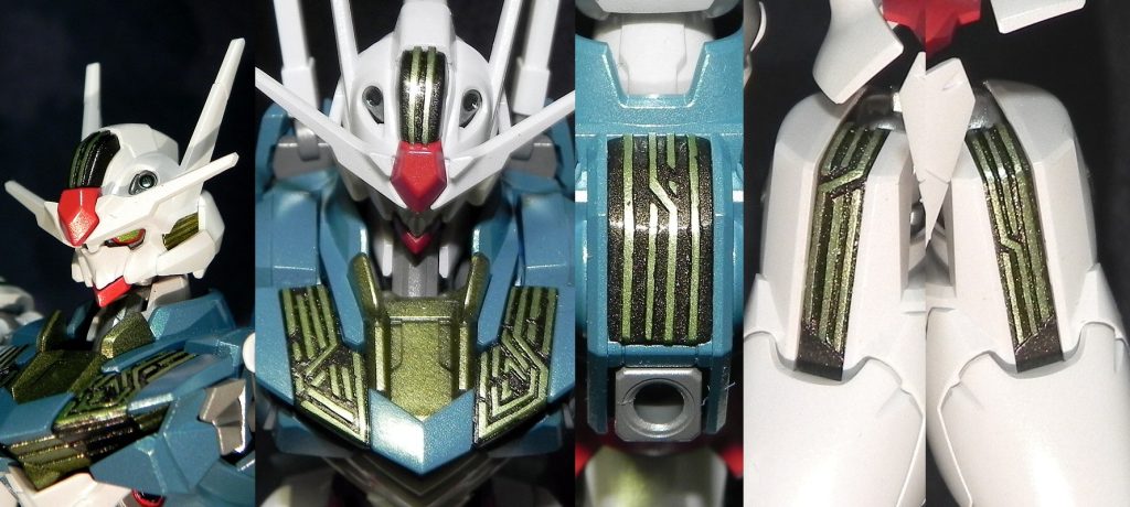 キット付属の謎の赤いツインアイシールの存在を消すことなく、MAX状態の設定として活かしました。プラ板シェルユニットは左右同デザインに切ることができないのでランダムに貼ってます。頭部の歪みが残念