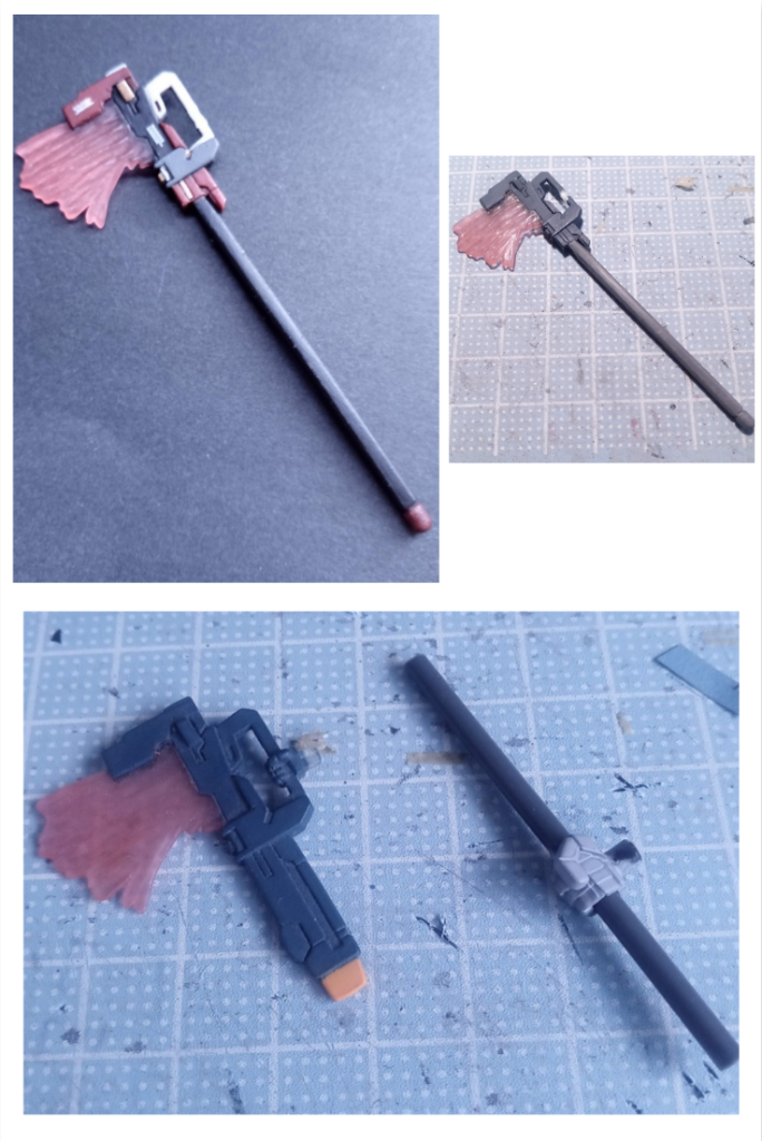 オノ。ガンダムコレクションという昔のブラインドボックスフィギュアのアッシマーの武器をプラのランナーをくっつけて制作。なかなかのいい感じできたと思います!