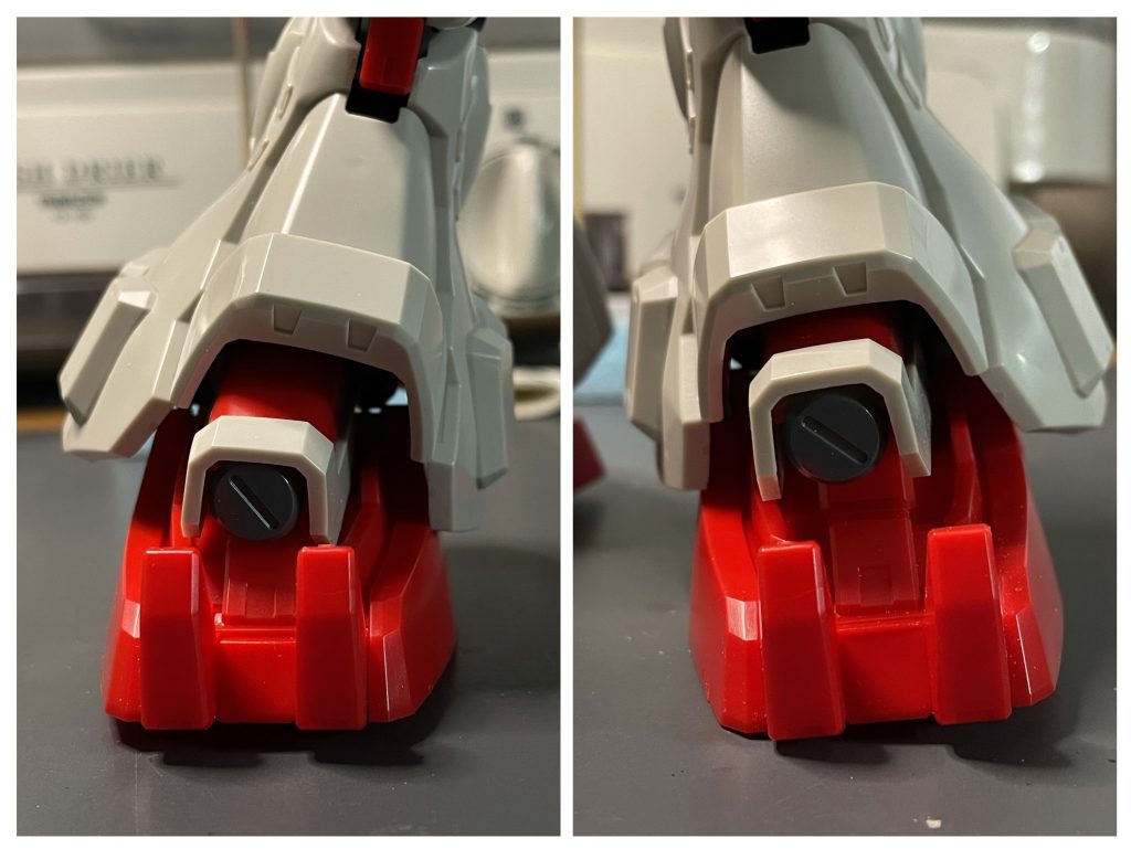 今回のテーマ、可動関節部の軸の移設による足部の接地性の改善です某雑誌、H◯に載っていた改造方法を丸パ…参考に実践してみました←側が改修後の接地状況→側が改修前の接地状況一目瞭然ですね。しかし、この巨体を受け止める足元なので、強度を保持したままの改修は難しいと感じました。もっとしっかり接着する方法を考えて取り組むべきだったかと。いくら見えない箇所だからといっても、あんまりにもお粗末な状態ですから笑