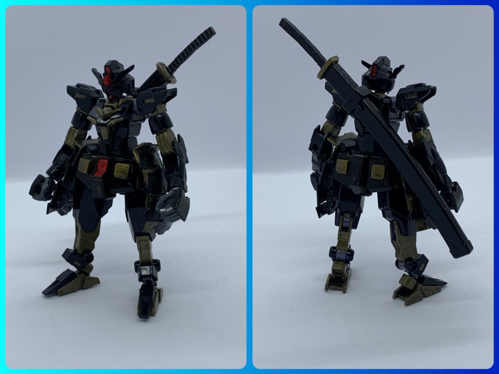 コアガンダムアコンプリス。腰はHGUCガンダムにコトブキヤのエクスアーマー。こちらは武者がモチーフ。色はプリズムブルーブラックとアンティークゴールドに差し色ロイヤルメタレッド。刀はプラアクト伊達政宗より。