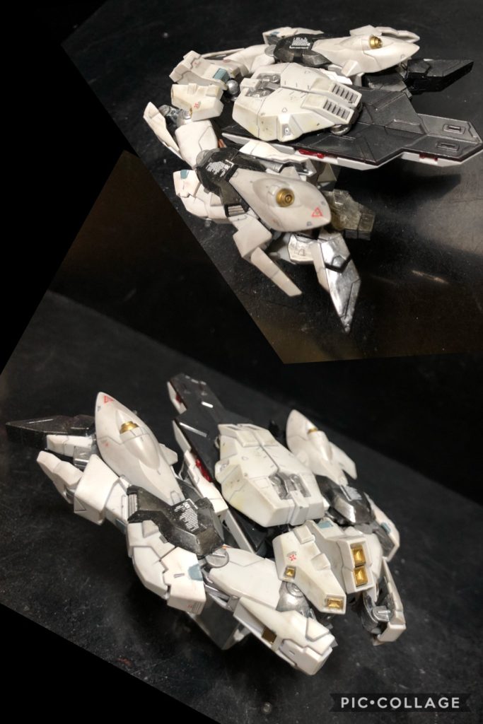 oyz「Bパーツです。μナッターです。」シャア「コレは見覚えがある。」oyz「違いは板ファンネルが付くかどうかだけですね。この後ろの板ファンネルはマグネットが入ってて、互いにくっつき合うんです。ただ、どの板ファンネルにマグネットが入ってるか見ただけでは解らないんです。」シャア「難儀なものだな。どうするのだ?」oyz「正解を当てるまで試します。」シャア「なんと効率の悪い...。しかもこう言ってはなんだが、虫っぽく見えなくもないな。サザビーの時はそうは思わなかったが。」oyz「変な事言わないでくださいよ、大佐。」・μフライヤー