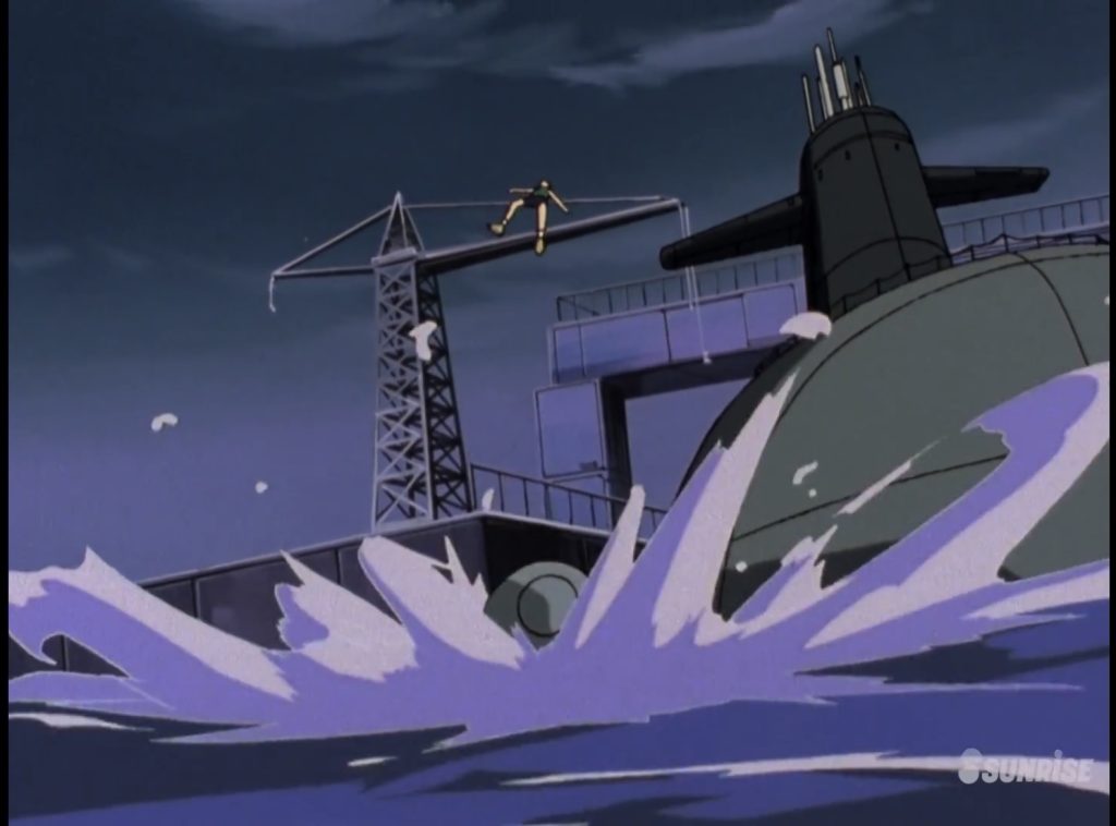 2話後半ウィングガンダムを魚雷で破壊しようとするヒイロ
