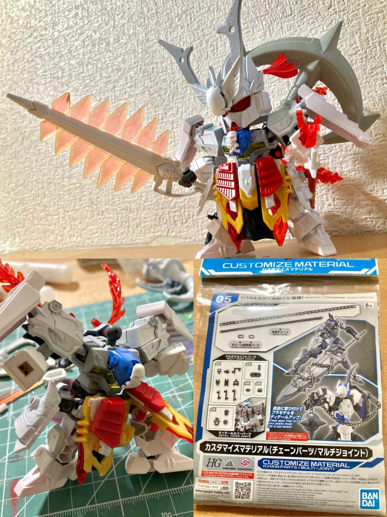 X3の固有武器やドクロ装飾等はHG1/144クロスボーンガンダムX3より調整して活用し、背中のドデカ錨⚓️は先月発売したカスタマイズマテリアルの鎖パーツ&ダンボール戦機LBXトリトーンの武器を使用しました。また額の3の意匠は、戦国時代設定なのでアラビア数字がまだ普及してないという事で漢数字の三に変更しました。村上氏の家紋の一つである「折敷三文字」家紋の三も意識した形状としています。