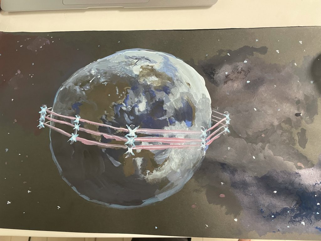 背景はアクリル絵具で手書き、前面にガンプラがあるので位置は調整し、黒い機体のあたりに地球を置いてコントラストでマスターとシュピーゲルを目立たせます。背景ですし彩度は落として塗ってます。