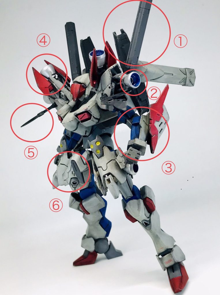 ミキシングパーツ紹介（全て加工、接着なし）①30MMマルチブースターユニット＋オプションバックパック2②30MMガルドノヴァ③30MMレヴェルノヴァ＋30MSオプションパーツセット5（ヘビーアーマー）④30MSオプションパーツセット3（メカニカルユニット）⑤30MSティアーシャ⑥30MSオプションパーツセット5（ヘビーアーマー）