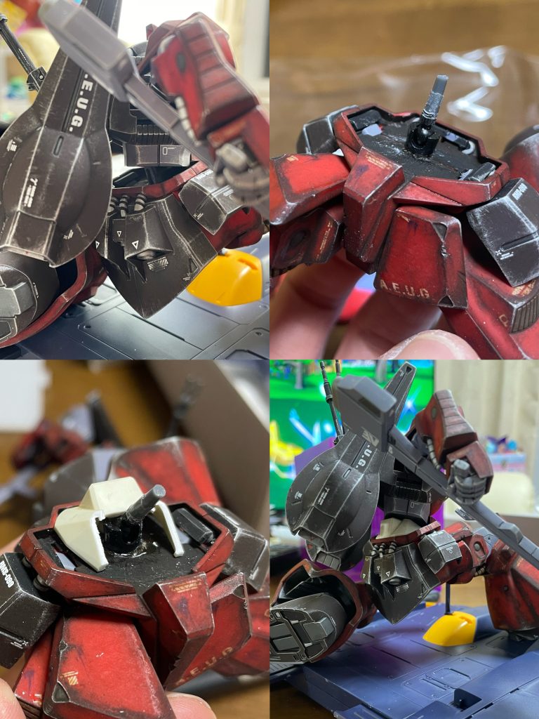 リックディアスはポージングの関係で腰部に隙間ができました。腰に可動軸を追加し、ジャンクで作成した囲いを設けました。画像は白い囲いパーツですが、実際は黒く塗装し、ウェザリングしています。