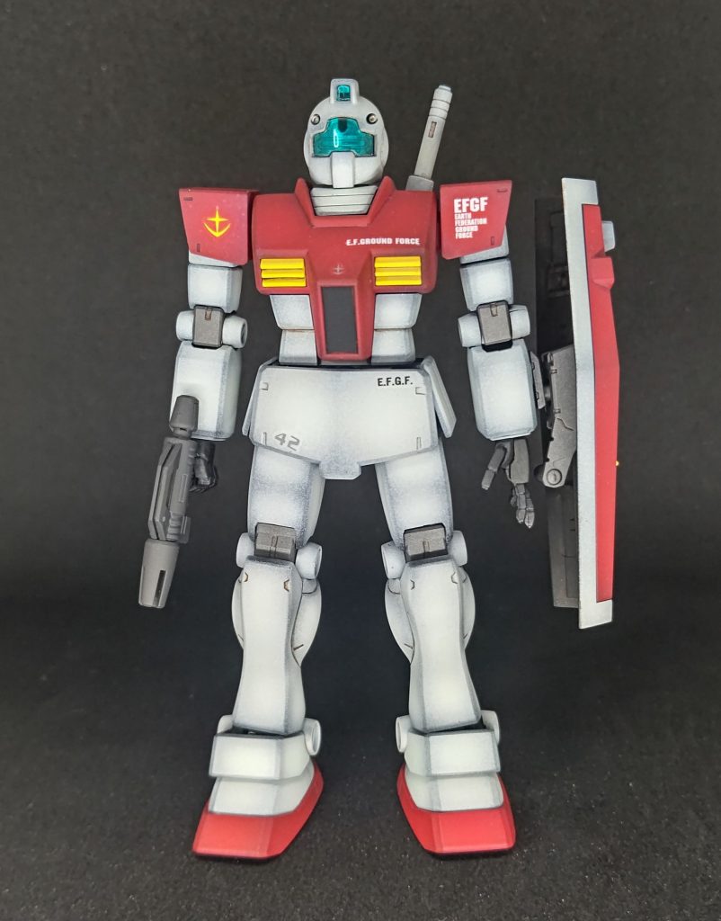 元々、ズゴックに貫かれる用に作ったので、先日発売されたEFGFを使ってみました思いの外、かっこ良くできたのでこれをズゴックに貫かせるのも少しもったいないなとは言え、あれはやっぱり作ってみたい一つなのでやりますがww最後に、ジムカッコいい！