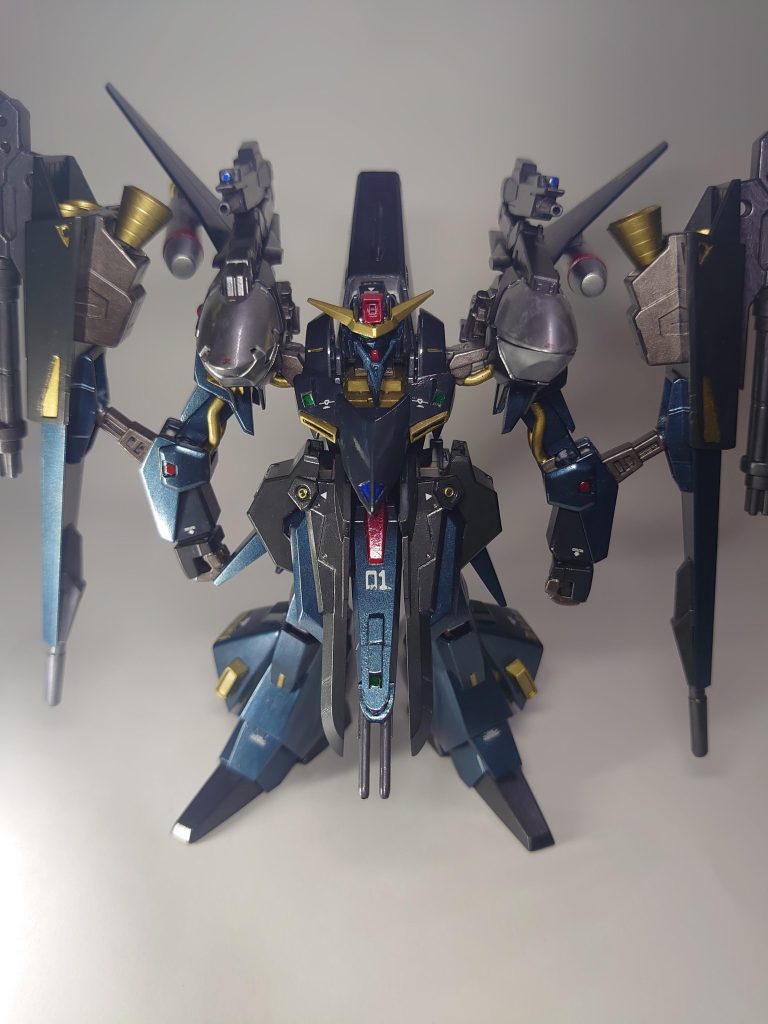 ヴァルプルギスに出てくるファーブニルに寄せたいと思い、ギャプランにダブルゼータの要素を少し加え、こいつからファーブニルが開発された設定で作りました。なので名前もファーブニルの父のフレイズマルとしてみました。ティターンズカラーにしているので、青い機体になりますかね?