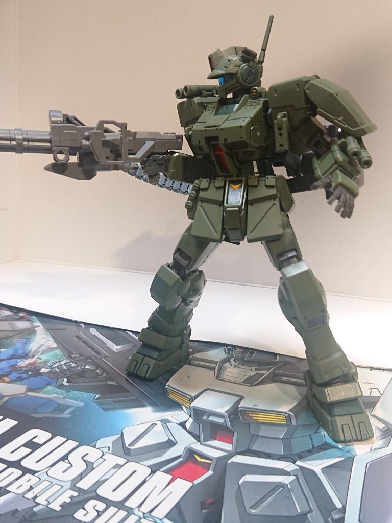 解説文⑤:第1小隊について本機を擁する第1小隊のメンバーについて解説する機番11(小隊長):平賀直也男性、37歳で中佐。真面目だが融通も効くといった性格だがそれ故、堅物な司令と個性豊かな隊員の間で苦労する事となっている。一年戦争以前は優秀な戦闘ヘリパイロットとして名を挙げており、MSパイロットへの転換までに5機のMSを撃破していた。MSパイロットに転換以後はニューギニアやフィリピンなどの南太平洋戦線にて活躍し、一年戦争ではMSを合計26機を撃破した。機番12:ジョンソン・ヒースロウ男性、32歳で大尉。豪快で酒と女性の事が好き。乱暴な行為はしないが美人を見るとすぐナンパするため交際してもすぐに別れる。MSパイロット転換前は戦車兵であり、転換までにMS3機は撃破。転換後は北米戦線に参加、合計15機を撃墜した。機番13:ティマ・ノックスビル女性、27歳で中尉。姉御肌で豪快、ジョンソンとは意気投合する事も多く仲は良い。しかし歳上過ぎるとして交際はしたことはない。一年戦争では開戦当初はまだ士官学校卒業前であり、出身コロニーが壊滅して天涯孤独の身となった。そのためジオンへの復讐心が強くMSパイロットに志願後は日本戦線に参加し自身の身を省みない戦闘を行う。戦果を挙げていたがある時敵部隊の追撃戦にて深追いして格闘戦を行い機体を大破、殺されると思ったがそこで見逃された事から復讐心が和らぎ、終戦直前には復讐のためでなく仲間や民間人を守るために戦った。合計のMS撃破数は10機。機番14:春日マヤ女性、20歳で少尉。日本出身でブリティッシュ作戦で太平洋に落下した破片による津波にて、避難誘導をしていた両親が死亡したために弟を養うために軍人に、いずれできるであろう連邦製MSに乗るために士官学校に入学したがんばり屋。しかし、一年戦争と言う通り1年で終わったためにパイロットになったのは終戦後であった。また特にMSパイロットになりたかった理由としては、弟が「姉はパイロット」だと自慢できるよう、そしてアニメの中のロボットみたいに人を助ける事もできるだろうという理由であった。初陣のマレー半島での戦いでは驚異のMS3機を撃墜、さらに2機はドムの改良型という戦果を挙げた。そしてこの優秀な戦果がありバンガロール隊に配属される事となった。そしてアチェ地区の戦いでは慣らし運転も不十分ながらにMS3機を撃破した。この写真は部隊再編後の演習で撮られたものとされる設定文終了です。