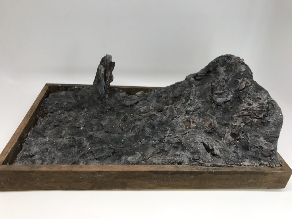 木製トレイ+発泡スチロール+テッシュ+シーナリープラスター+バークチップ材料費200円発泡スチロールで適当に山を作り、その上にティッシュを敷きシーナリープラスターをかければ、このような岩山も作れます