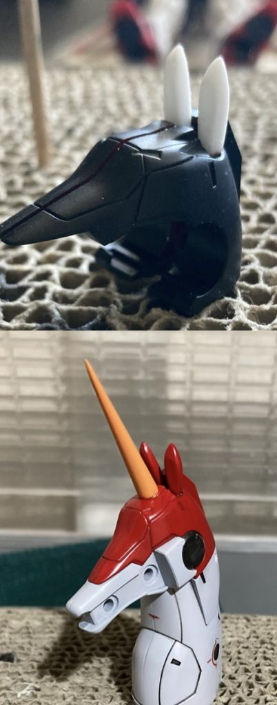 耳を作った時はウサギっぽかったですが、塗装したらそれなりに良く見えます。角も耳パーツに接続部があったので、プラ棒で軸を作って接着剤固定です。