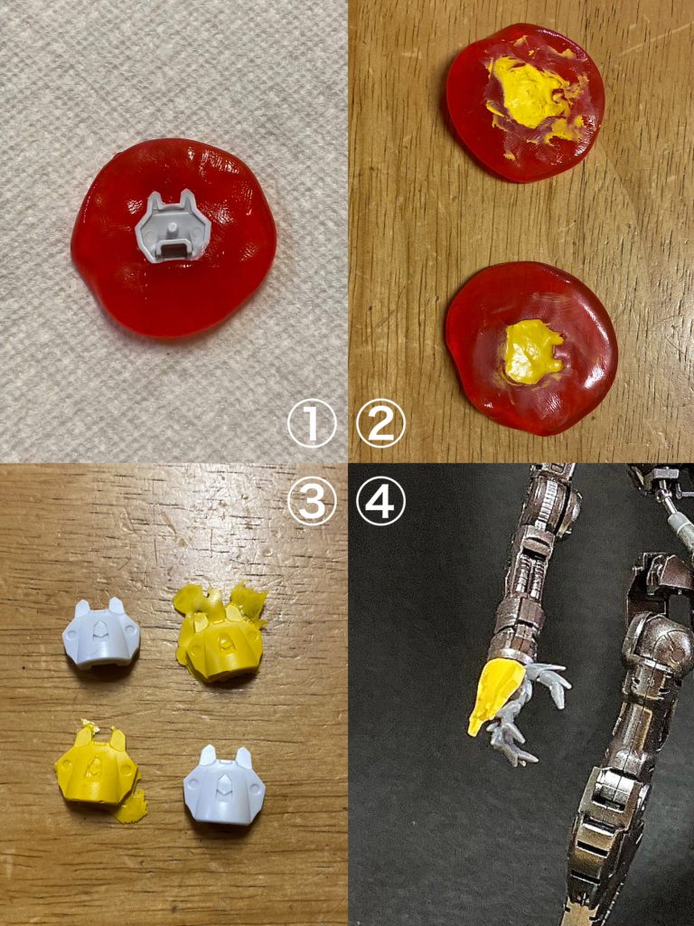 手首を変えたので甲のパーツを複製してみました。100円ショップのおゆまるクンみたいなんを使って型取り、ポリパテを詰めて作りました。