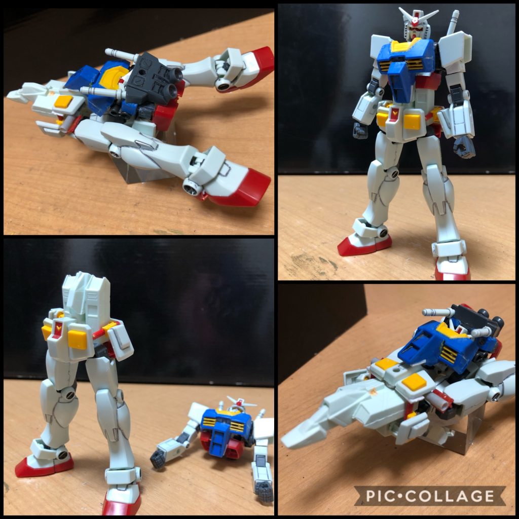 試行錯誤の連続です!問題山積み!コアブロックを胴体に入れる為に胴長さんになってしまったり、首の収納を動画と違う方法にしたところ、可変方法が全然違う方向になってしまい...。コクピットブロックの可動に連動して頭部を収納する方法にしたら、収納するコアブロックに干渉。可変方式にも干渉。そのまんま作ったら上の画像の右下の様な感じに。一見出来てるっぽいケド画像のGファイター形態と違う!そのまま進もうかとも思いましたが、動画の感動をカタチにする為にやってるんじゃないのか!?やり直しだあー!!という訳で、更に試行錯誤を重ね、なんとか完成しましたー!では、マゼンダさん考案方式、可変ガンダムです!