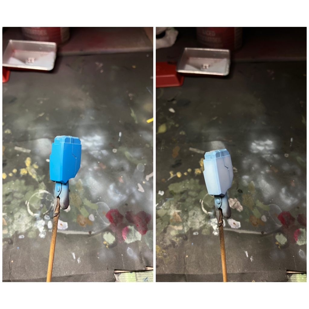 本体色のグラデーションですが、スカイブルーとホワイトを混ぜた明るめの青を下地にして、その上から白と明灰色に下地色を混ぜた白に近い青で上塗りをしています。いづれもクレオス 水性ホビーカラーです。