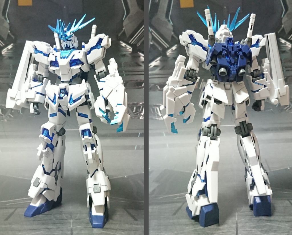 バンシィ・ルミナスの前後ろ。パーツ組み換えとはいえ実質素組み、ガンダムマーカー部分塗装と墨入れのみです。