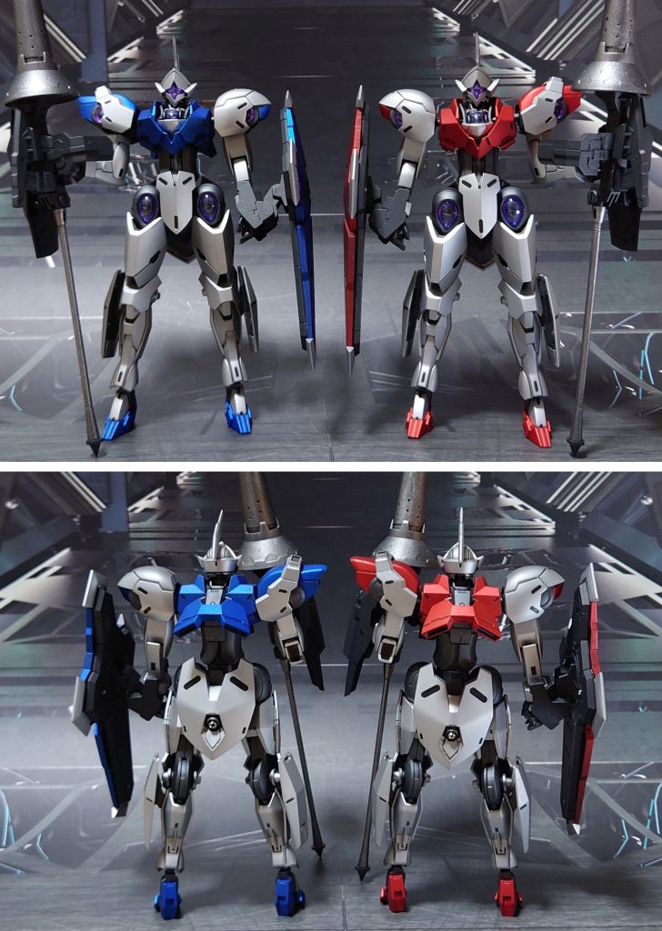 ミカエラスとミカエレスの比較。■塗装レシピ銀：黒サフ→シルバーリーフ→つや消し青：黒サフ→シルバーリーフ→メタリックブルー→つや消し赤：黒サフ→シルバーリーフ→メタリックレッド→つや消しフレーム・手首グレー：黒サフ→ブライトガンメタル→つや消しクリアパーツ：光沢ビームブレイサー/ランス/シールド黒：黒サフ→MSグレー連邦系→つや消しランス銀：黒サフ→シャインシルバー→つや消しシールド青：黒サフ→シャインシルバー→メタリックブルー→つや消しシールド赤：黒サフ→シャインシルバー→メタリックレッド→つや消しビームサーベル刃エフェクト：根元にベースホワイト→先端にメタリックグリーン→全体に蛍光グリーンセンサー・アンチドート発光部：キット付属のシールを使用その他墨入れ・部分塗装：ガンダムマーカー各種→つや消し
